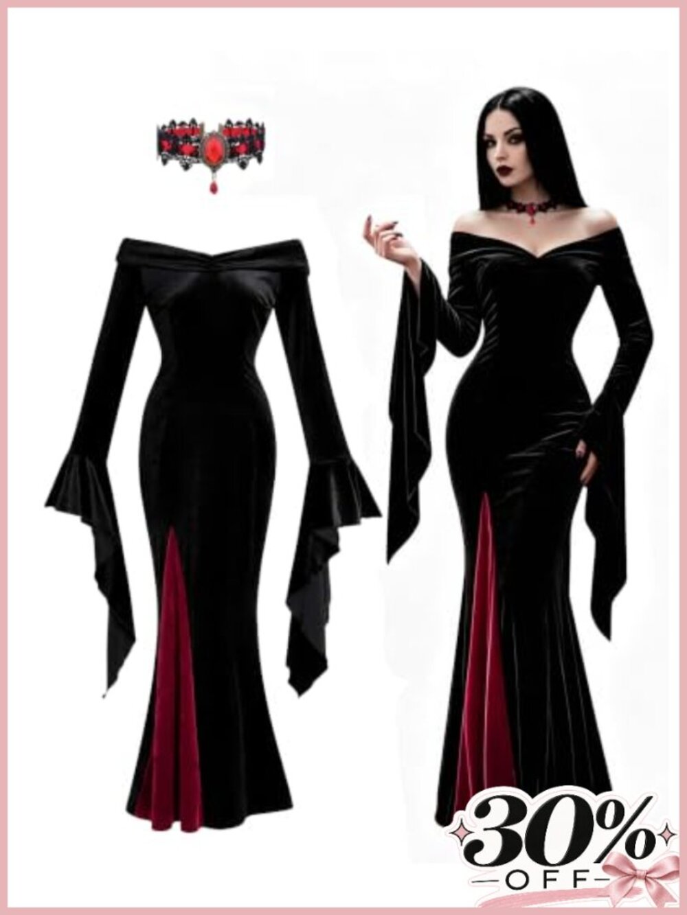 Velvet Long Sleeve Gothic Maxi Witch Vintage Halloween Dress